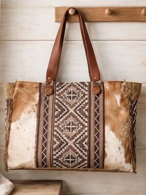 Myra Cowhide Weekender Bag Western Leather Duffel Travel Carry On Boho Cowgirl